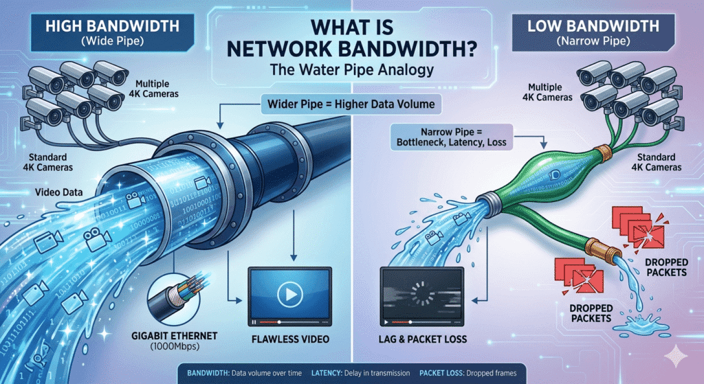Visual representation of data flow and bandwidth in a security network