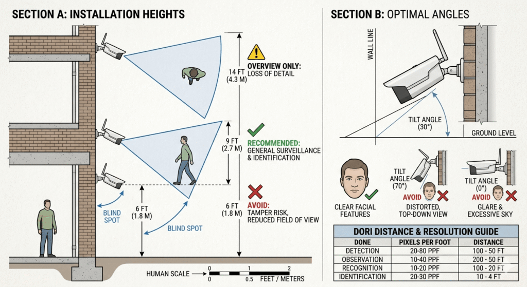 Comparison chart of narrow, standard, and wide-angle CCTV camera lenses and their typical degree ranges