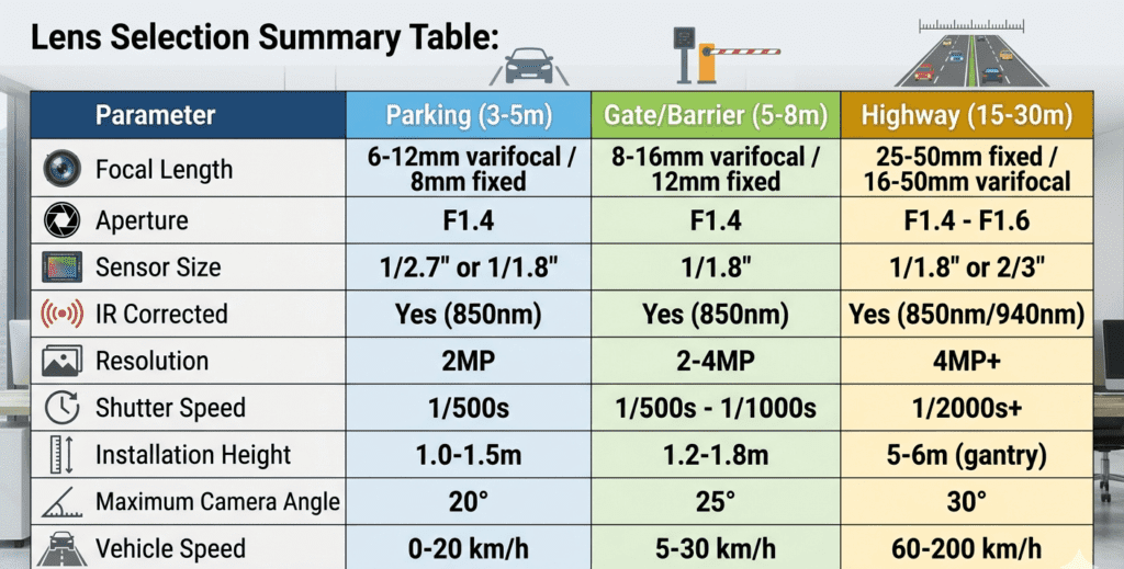 Lens Slection Table